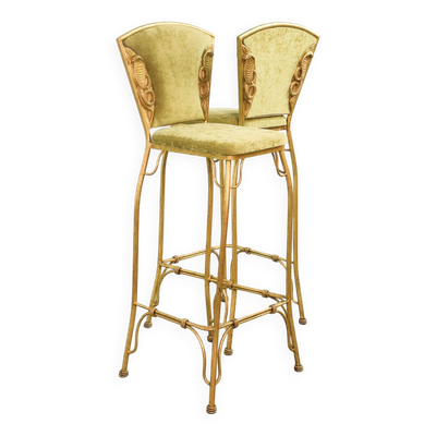 Lot de 2 tabourets de bar glamour Cobra dorés avec revêtement en velours vert années 70