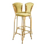 Set of 2 Glamorous Gilded Cobra Bar Stools with Green Velvet Upholstery 70s