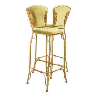 Lot de 2 tabourets de bar glamour Cobra dorés avec revêtement en velours vert années 70