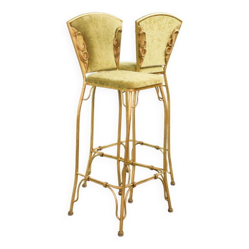 Set of 2 Glamorous Gilded Cobra Bar Stools with Green Velvet Upholstery 70s