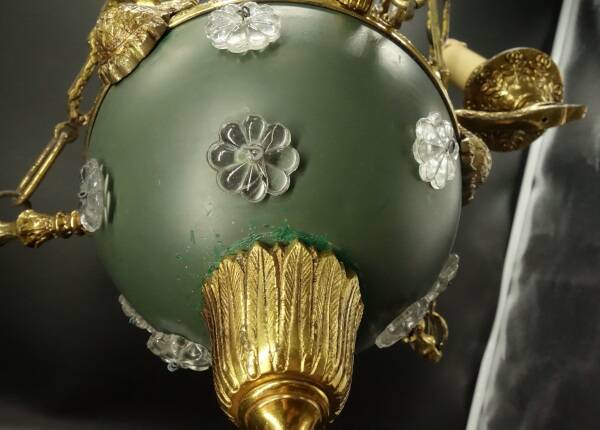 3-light chandelier with swan heads, Empire style - bronze & glass