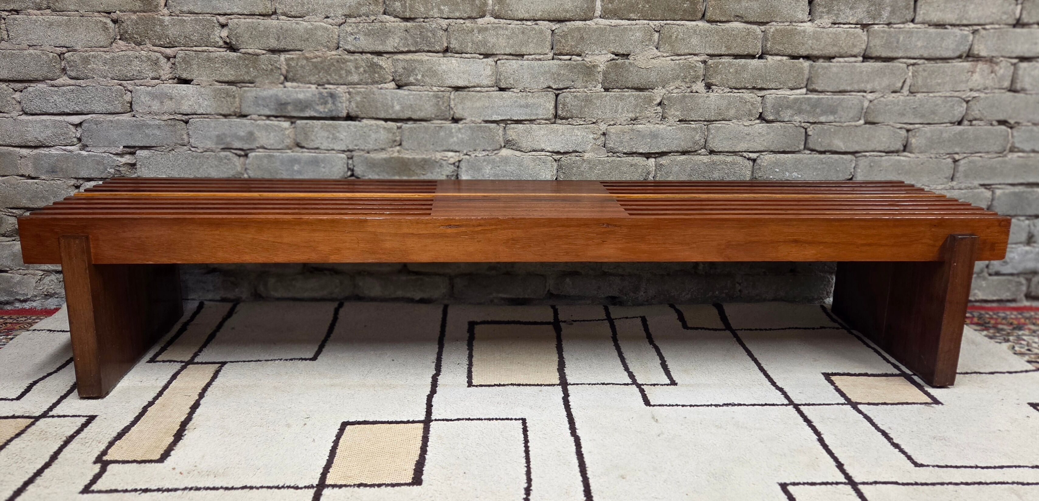 Vintage brutalist bench in solid teak with slats – 1970s