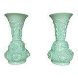 Set of 2 light green opaline glass vases SAINT LOUIS