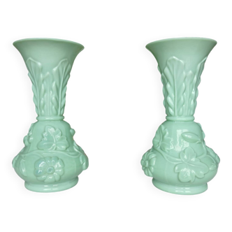 Set of 2 light green opaline glass vases SAINT LOUIS
