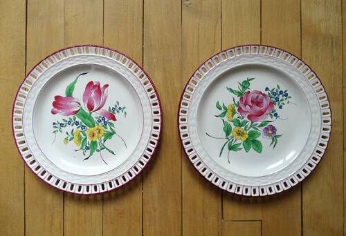 Kg luneville "réverbère" 2 pierced flat plates earthenware flowers ø 25 cm