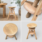 1950s solid oak tripod workshop stool with a screw mechanism.