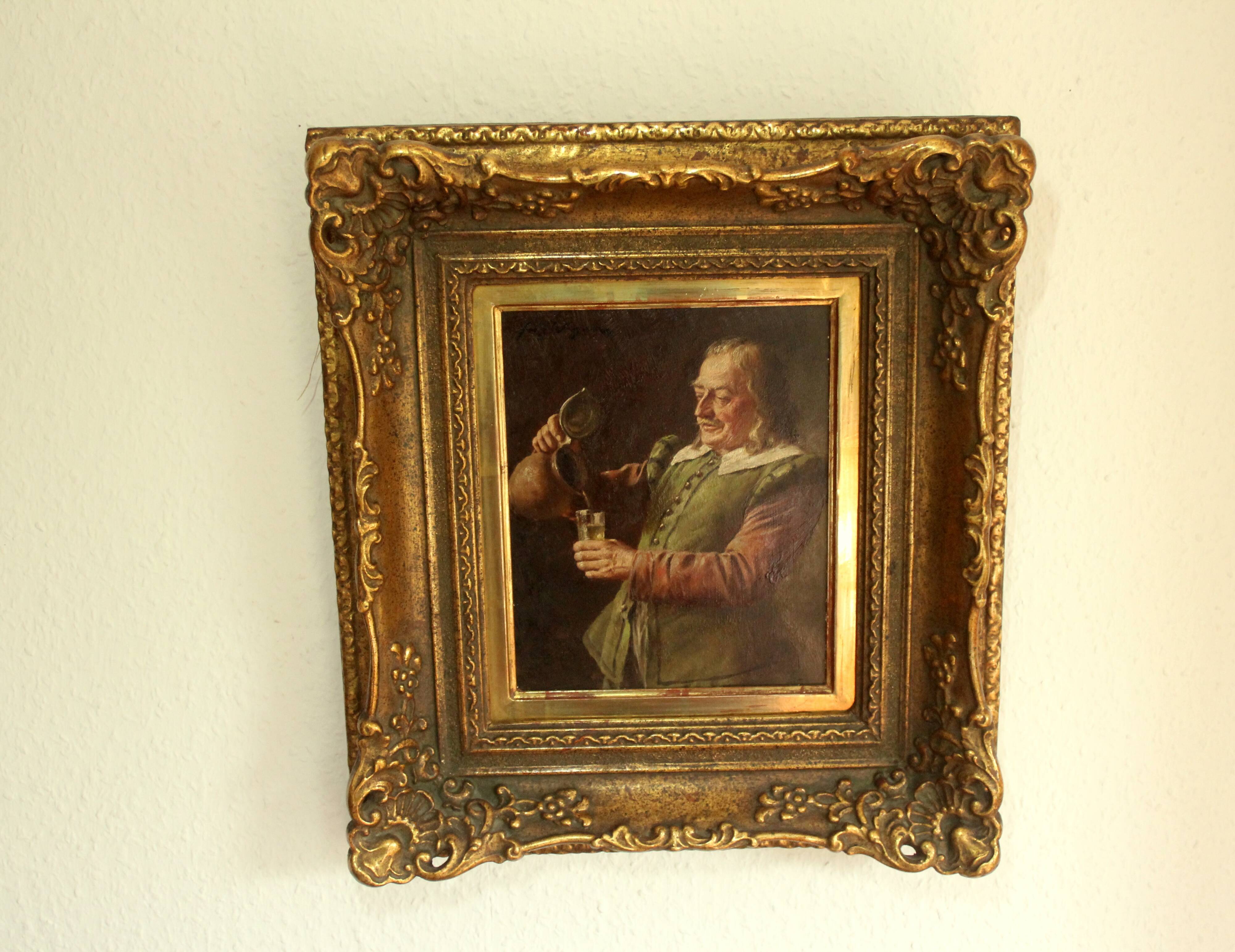 Painting by Fritz Wagner (1896-1939) - oil on wood - signed - wine tasting