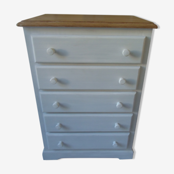 Commode patinée gris perle , plateau bois