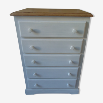 Pearl grey patinated chest of drawers, wooden top