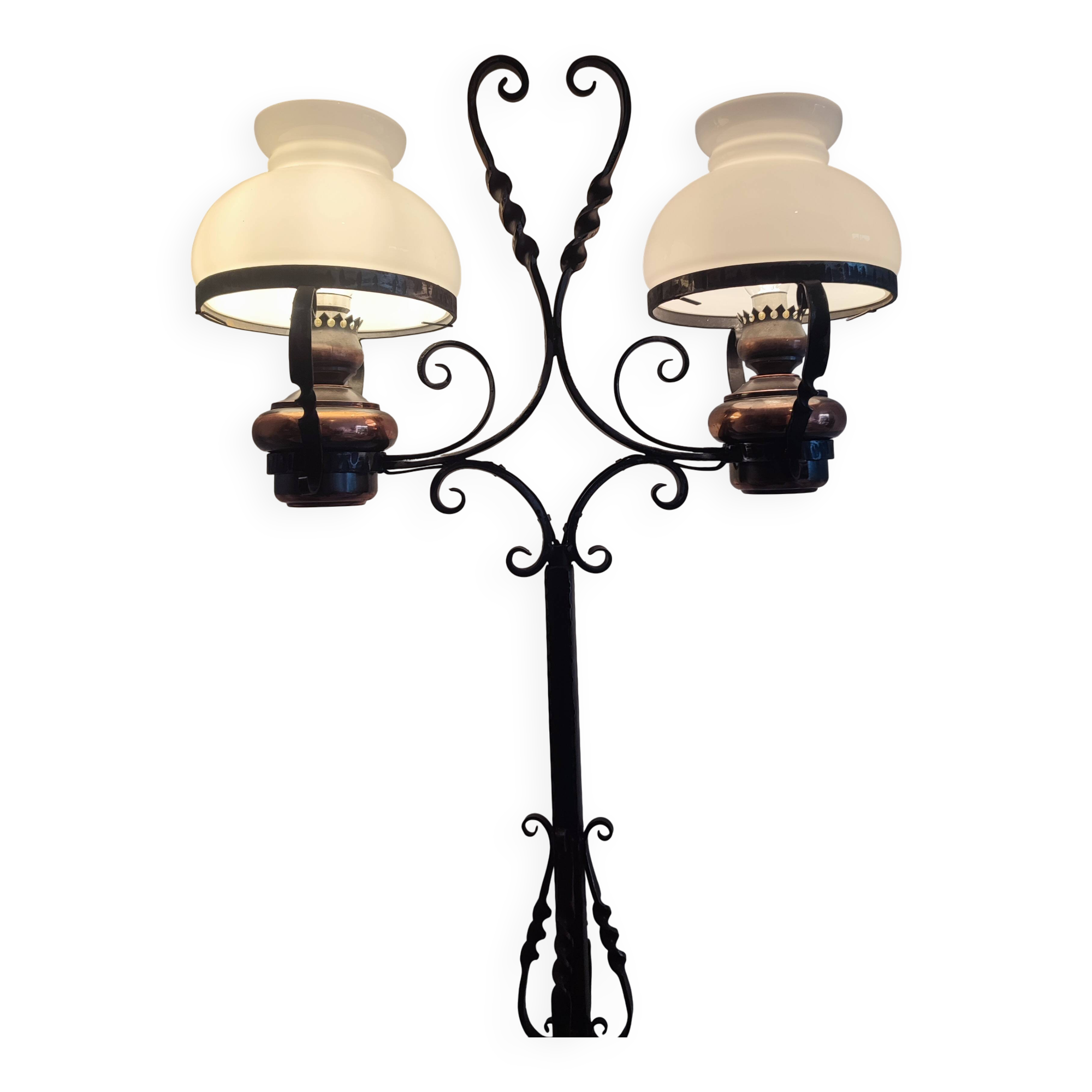 Antique double globe opaline floor lamp, wrought iron, rustic vintage style.