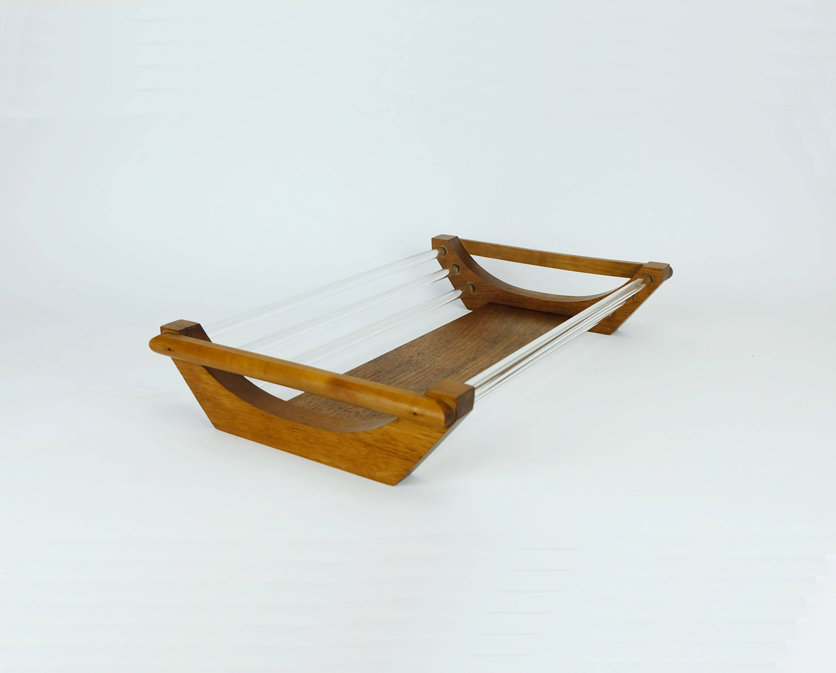 French geometric art déco fruit basket walnut and glass