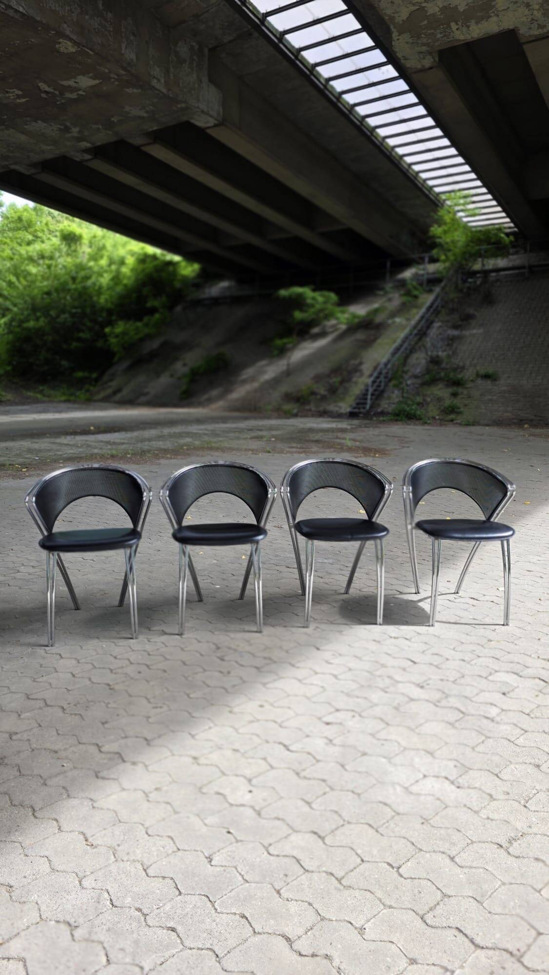 Set of 4 postmodern chairs with chrome and perforated mesh, Italy, 1980.