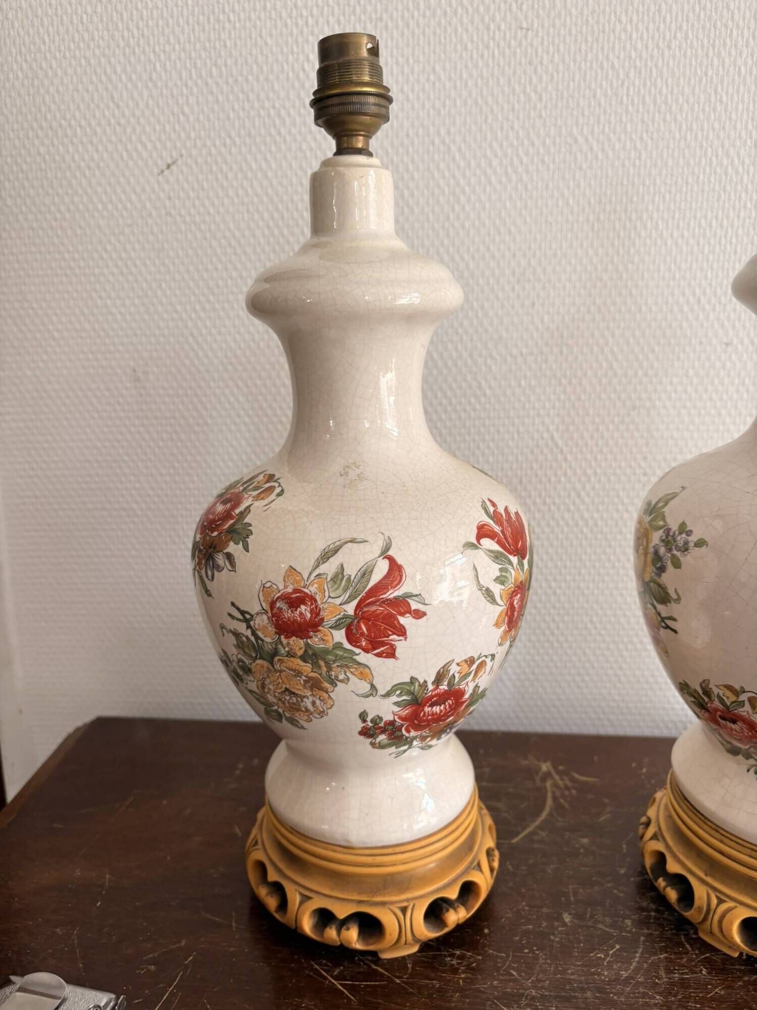Antique Pair of Ceramic Floral Bulbous Lamps Shabby Chic