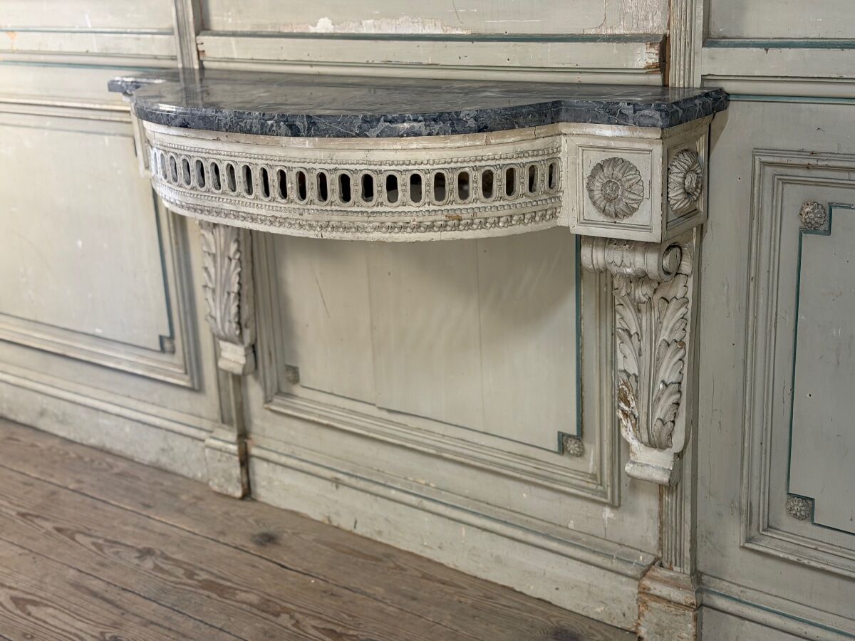 Louis XVI wall console in carved wood, grey patina, 18th century.