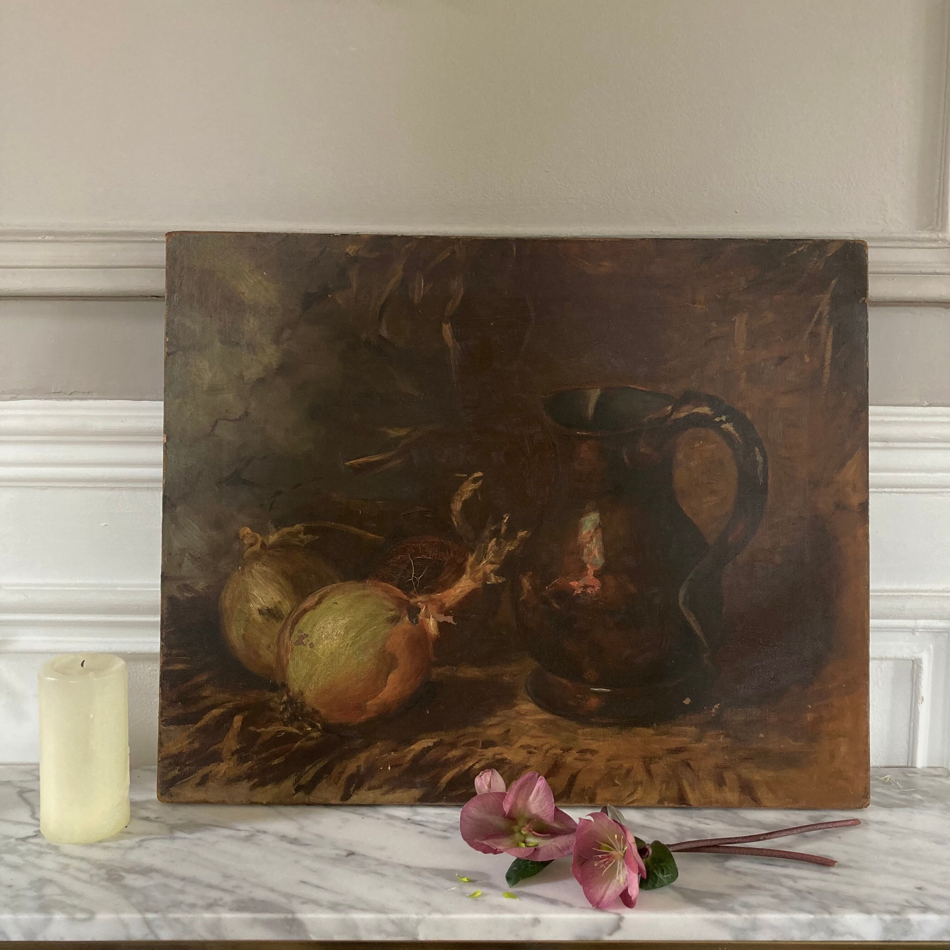 Oil on canvas old still life with jug