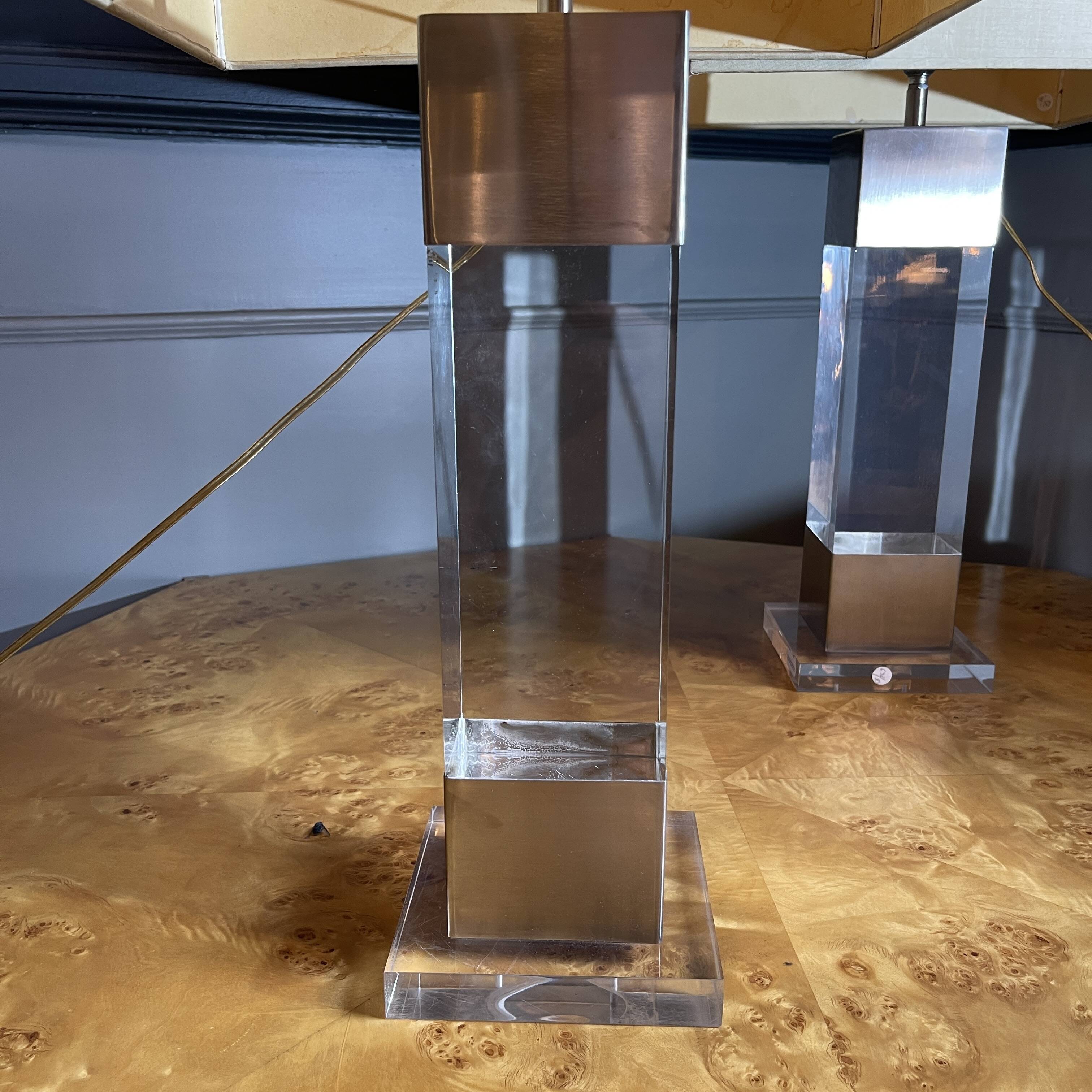 Pair of Plexiglass & Brushed Steel Lamps, Charles Hollis Jones, 1970s