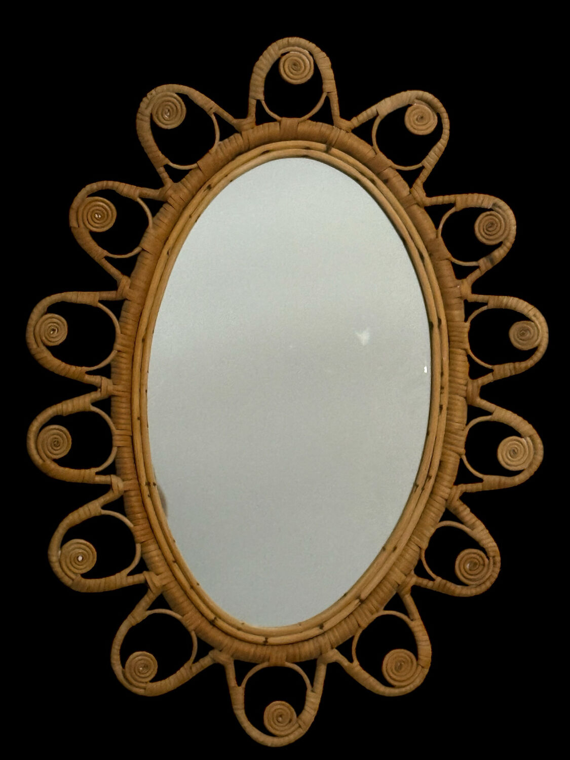 Oval rattan mirror from the 1950s France