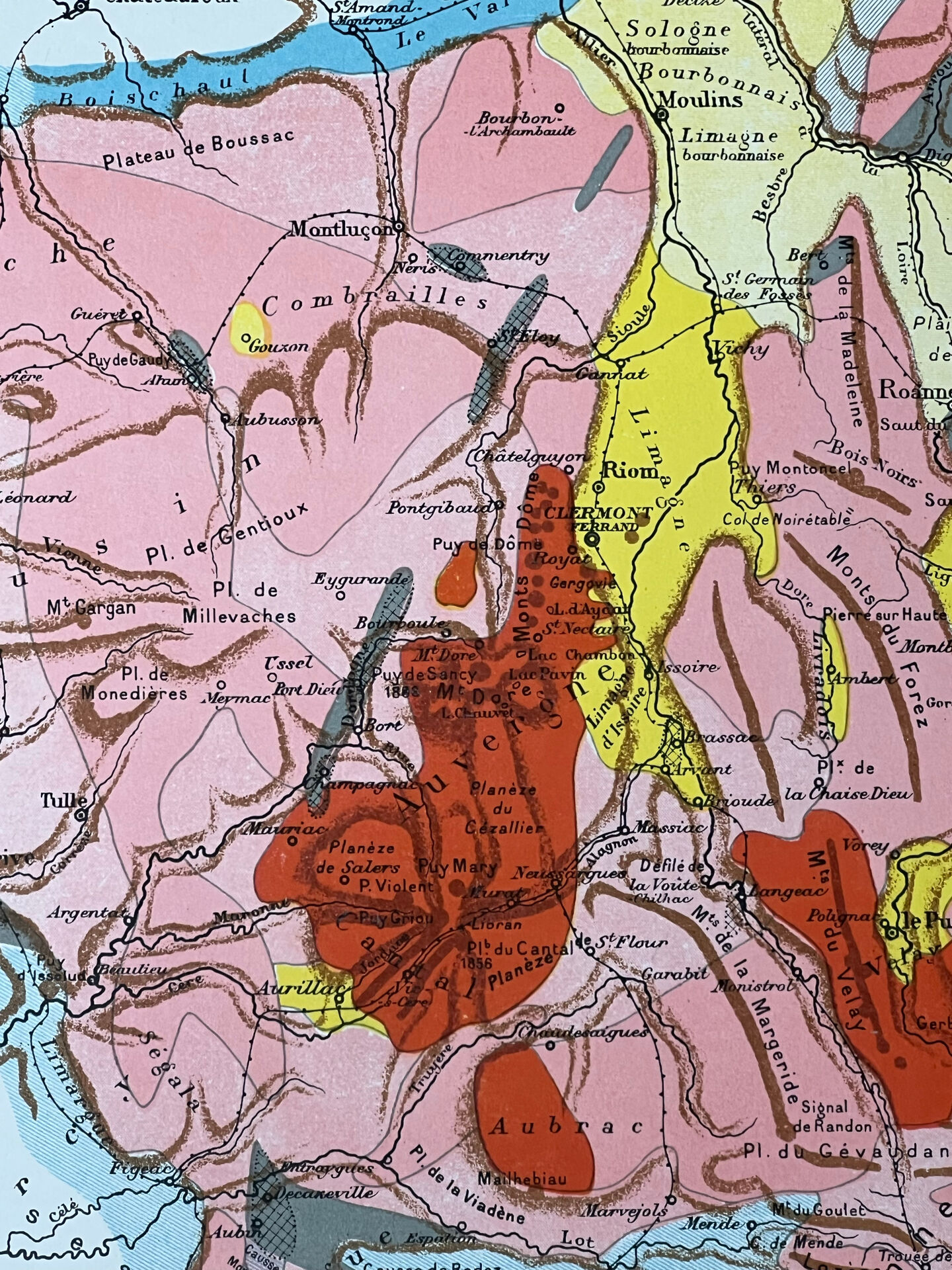 Original map of the Massif Central 37x27cm - 1908