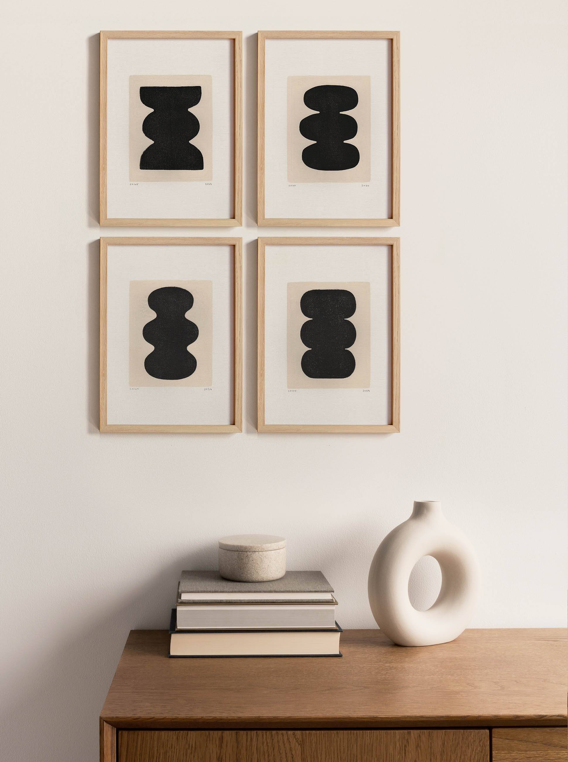 Collection of 4 black abstract paintings on paper signed eawy