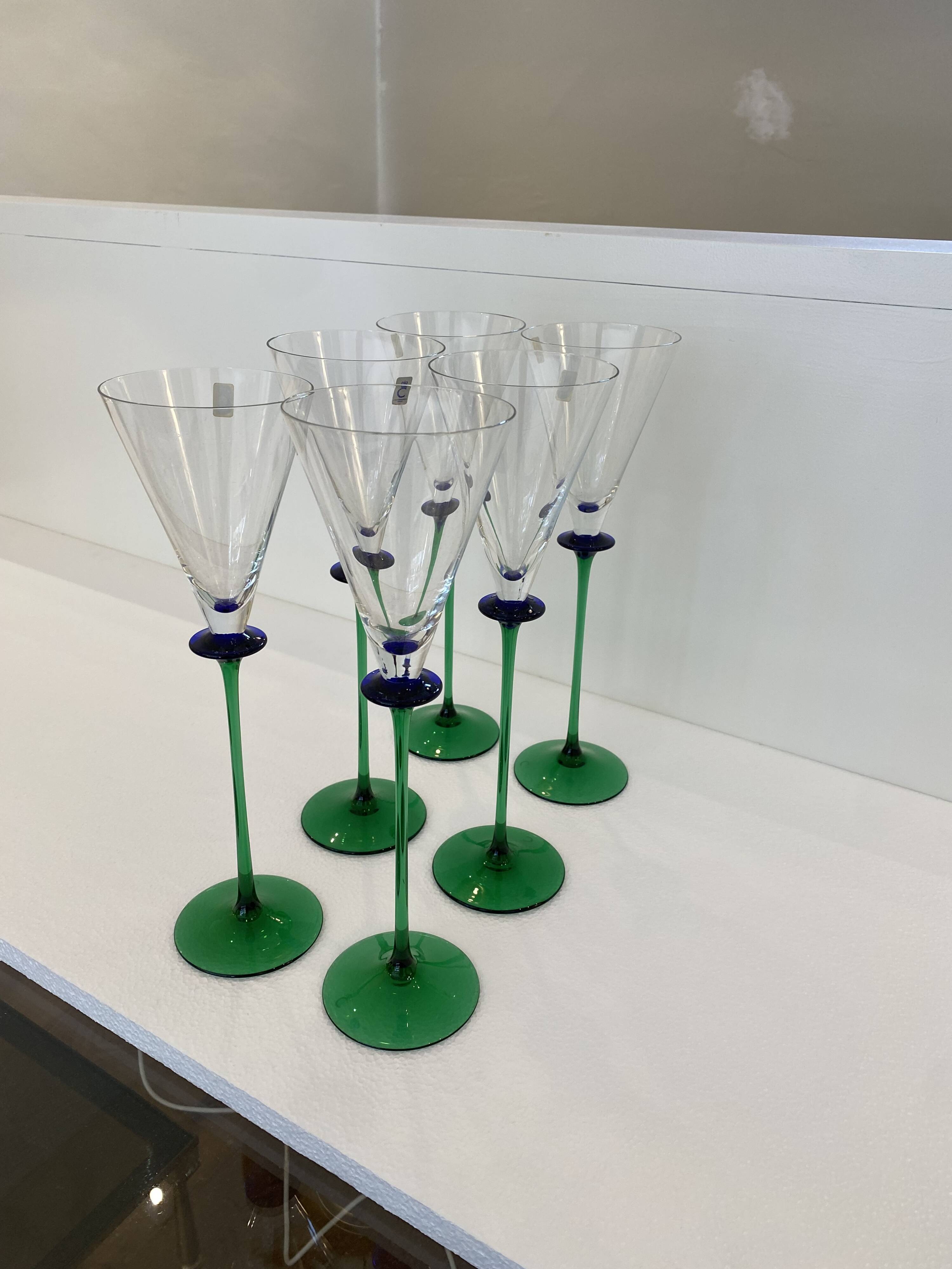 A Set of 6 Hand-blown Emerald Green Cobalt Blue Stem Champagne Flutes Art