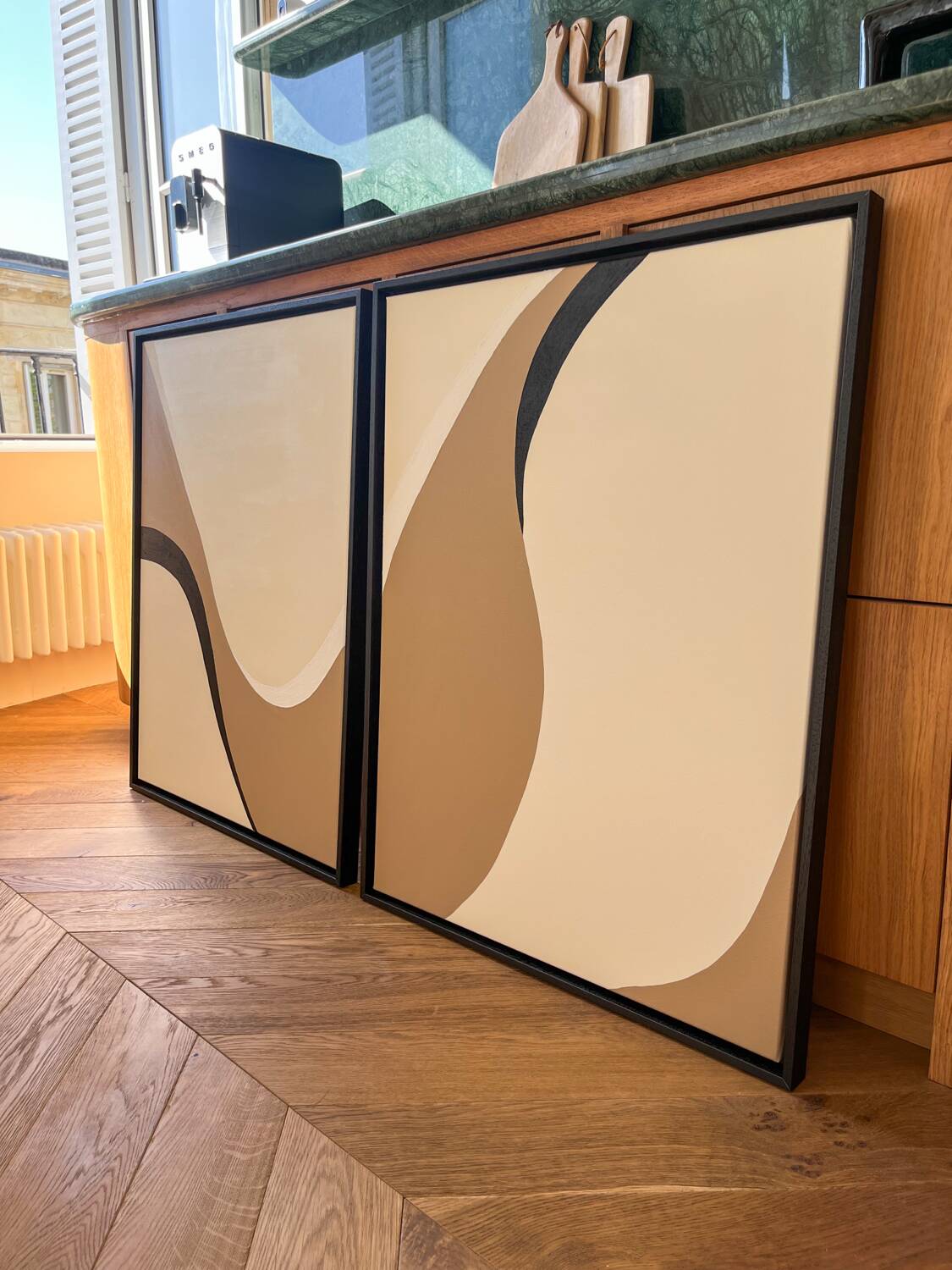 Taupe and black diptych paintings