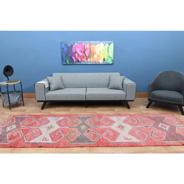 1970s Turkish Oushak Handmade Wool Cotton Pink Area Rug 103x335