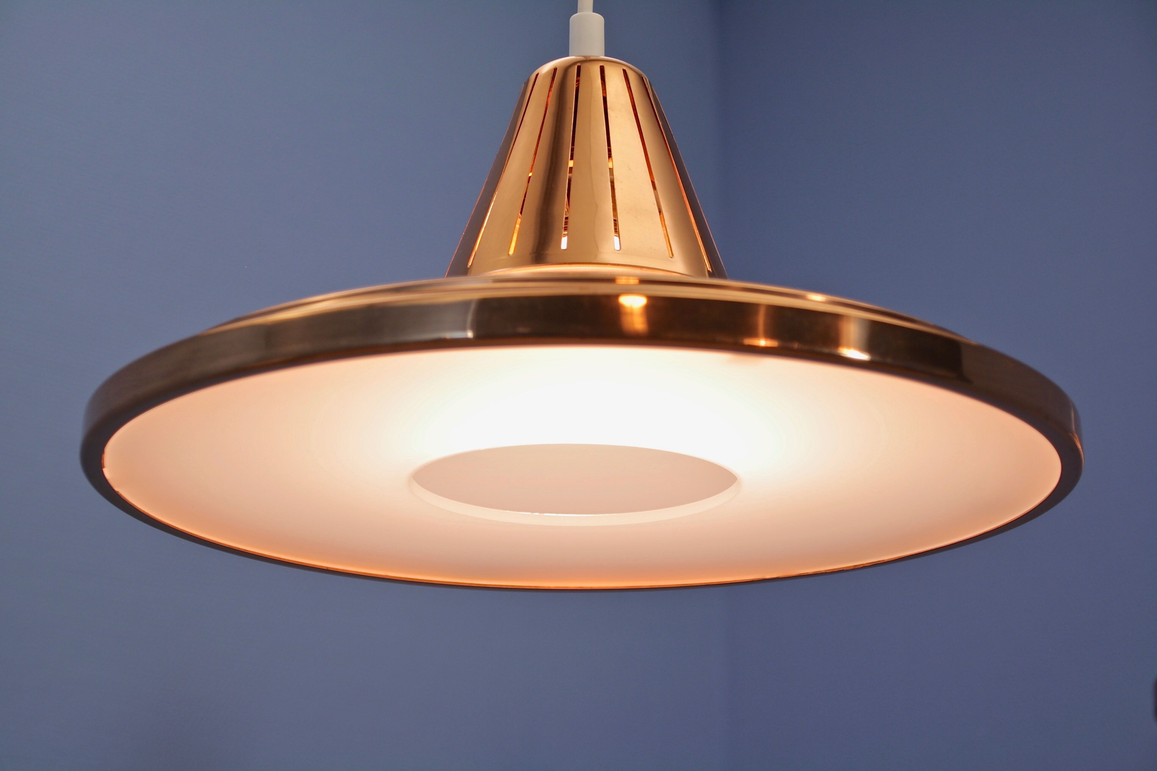 Set of 2 danish hanging lamps in solid copper, 1970s