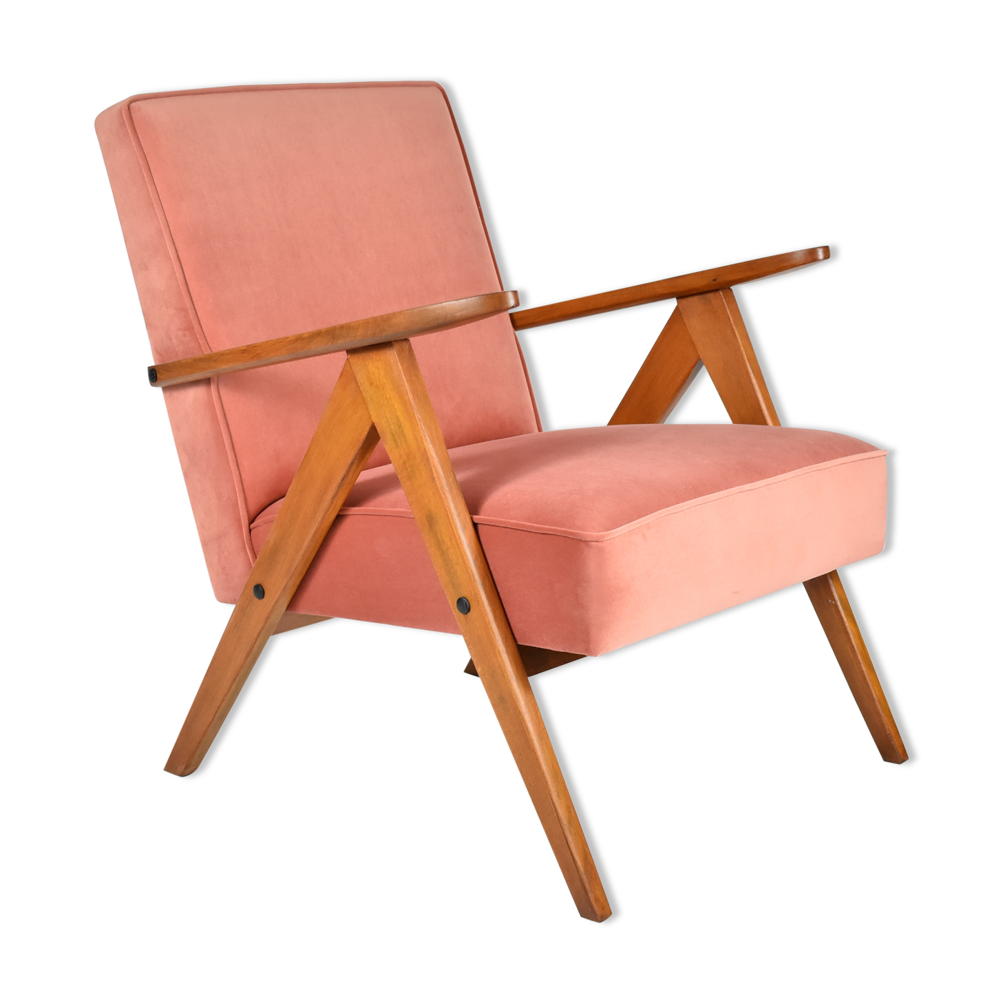 Vintage velvet armchair model Var 1960s fully restored, pink fabric, teak