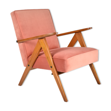 Vintage velvet armchair model Var 1960s fully restored, pink fabric, teak