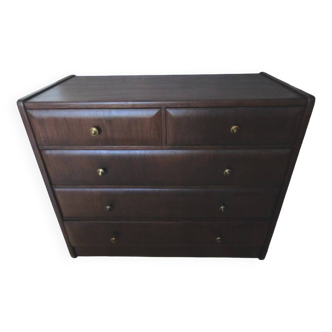 Commode ancienne années 50 à 5 tiroirs galbés montage à l’ancienne vintage et boutons laitons