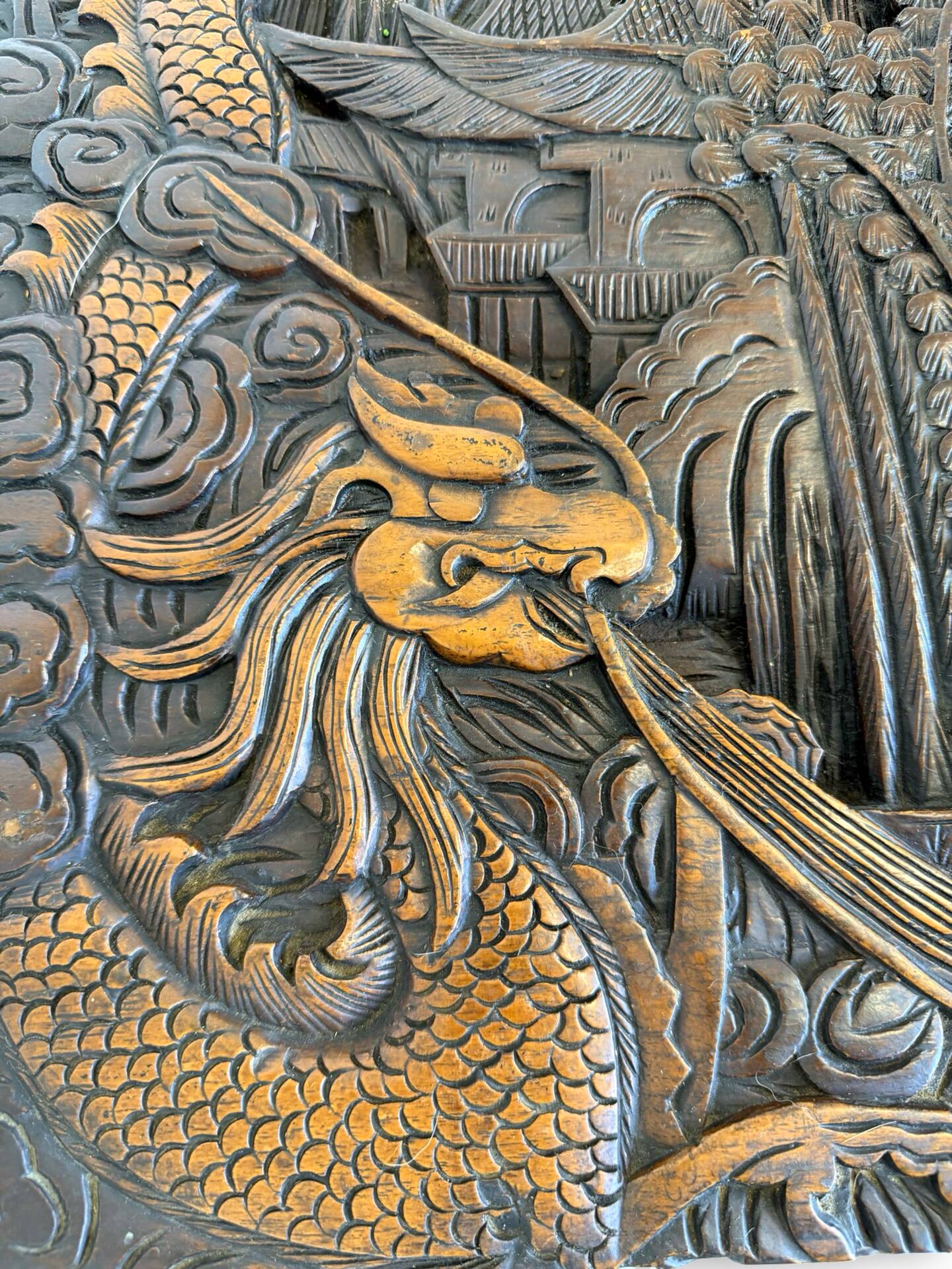Antique Chinese Carved Export Chest – Dragon, Phoenix & Landscape Deco