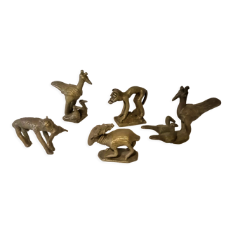 Déco ethnique, lot de 5 animaux en bronze, Afrique