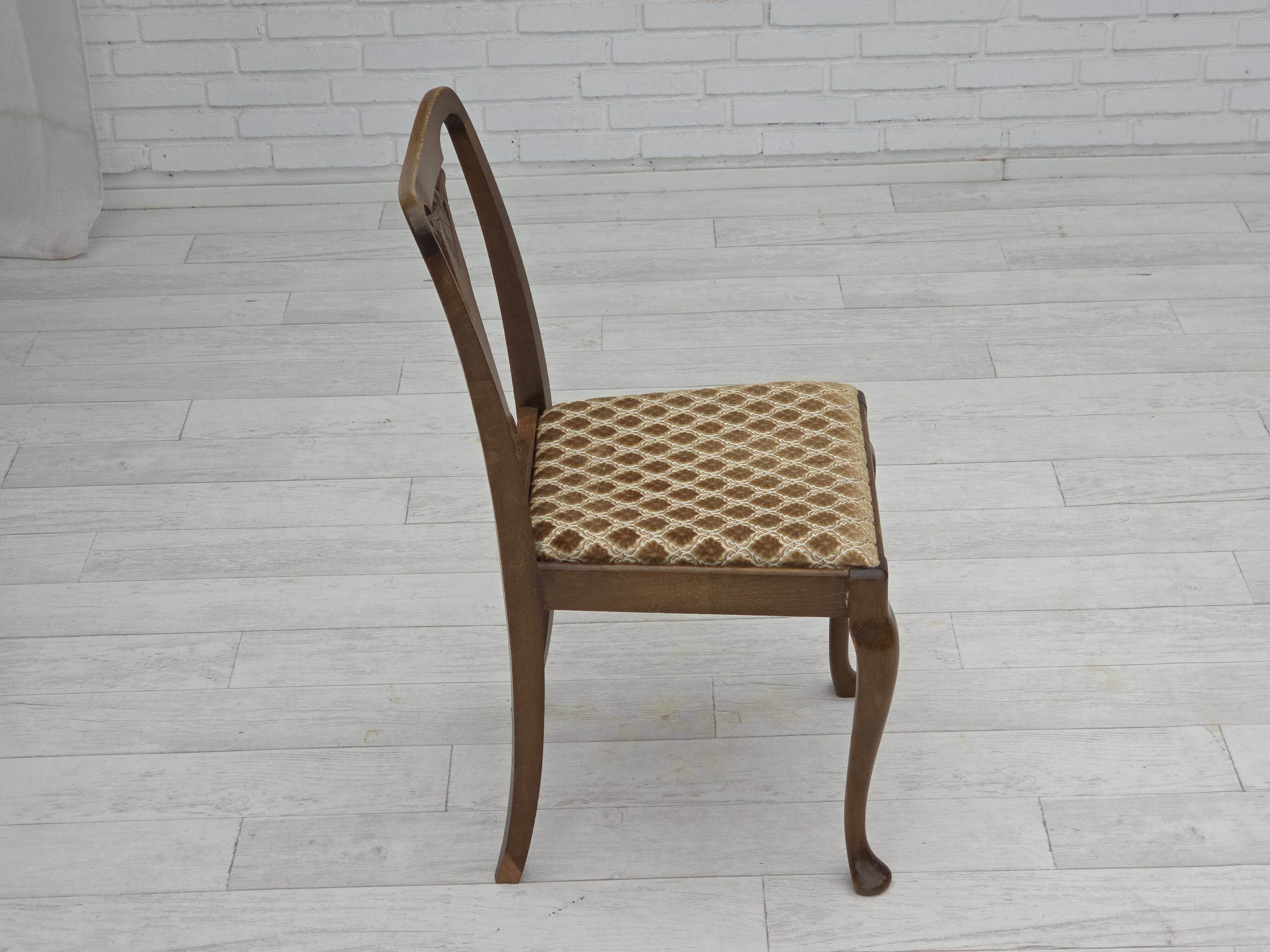 1930s, set of 6 Danish chairs, furniture velour, oak wood, reupholstered.