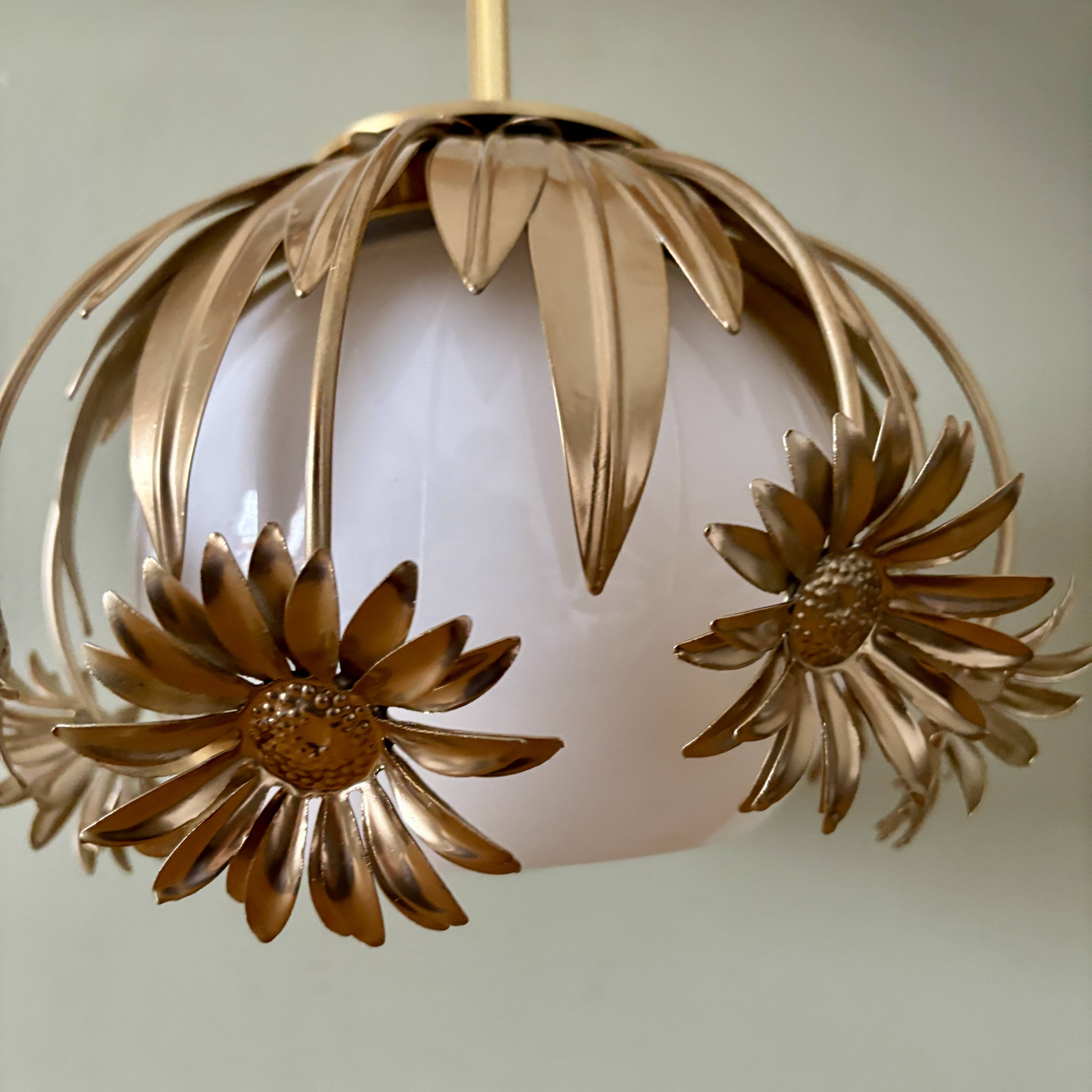 Pendant light in gilded metal and antique opaline globe