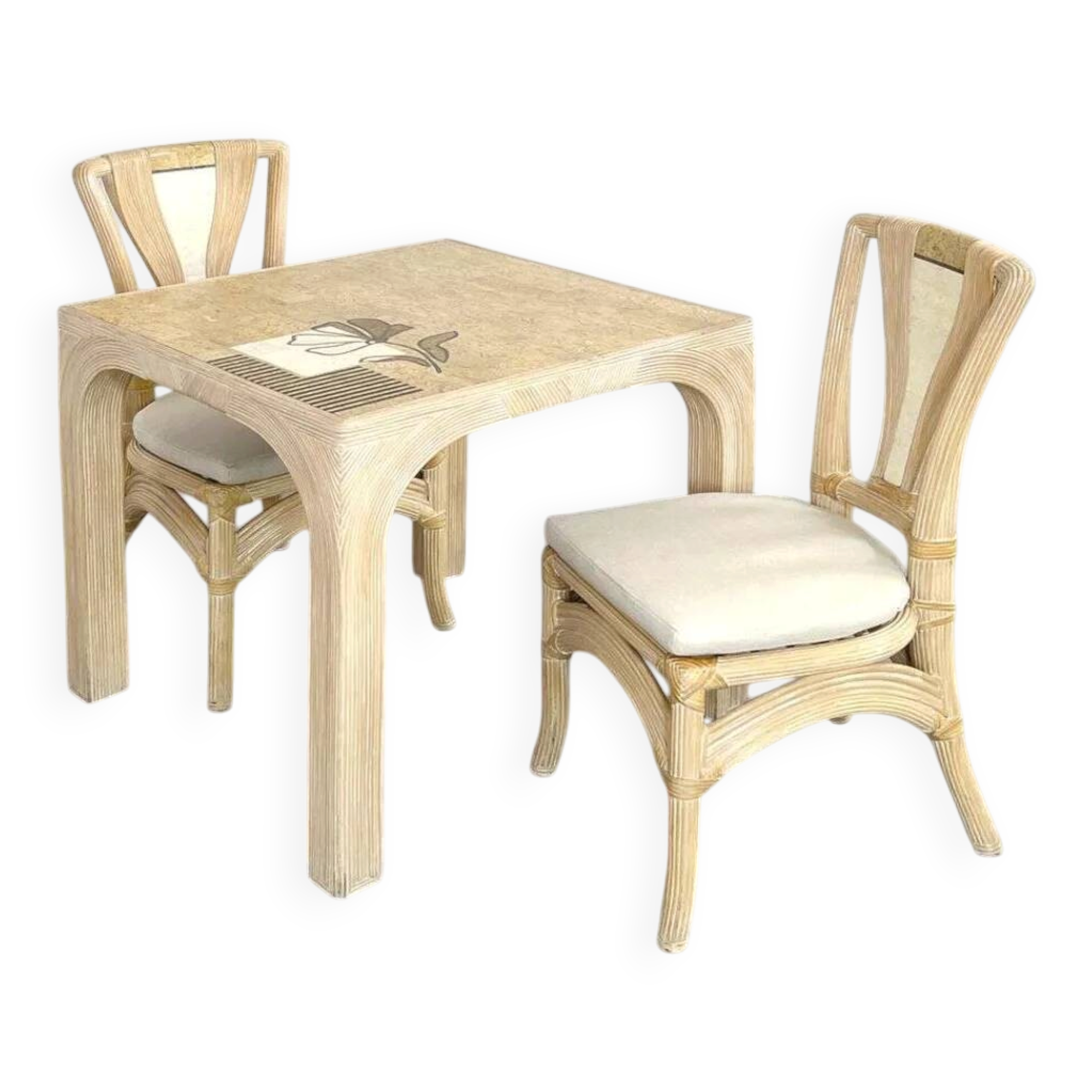 1970s rattan table with stone marquetry and matching chairs.