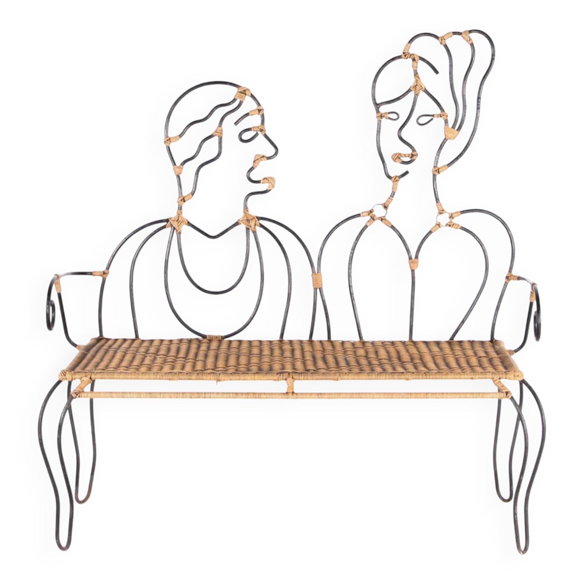 Iron and rattan bench