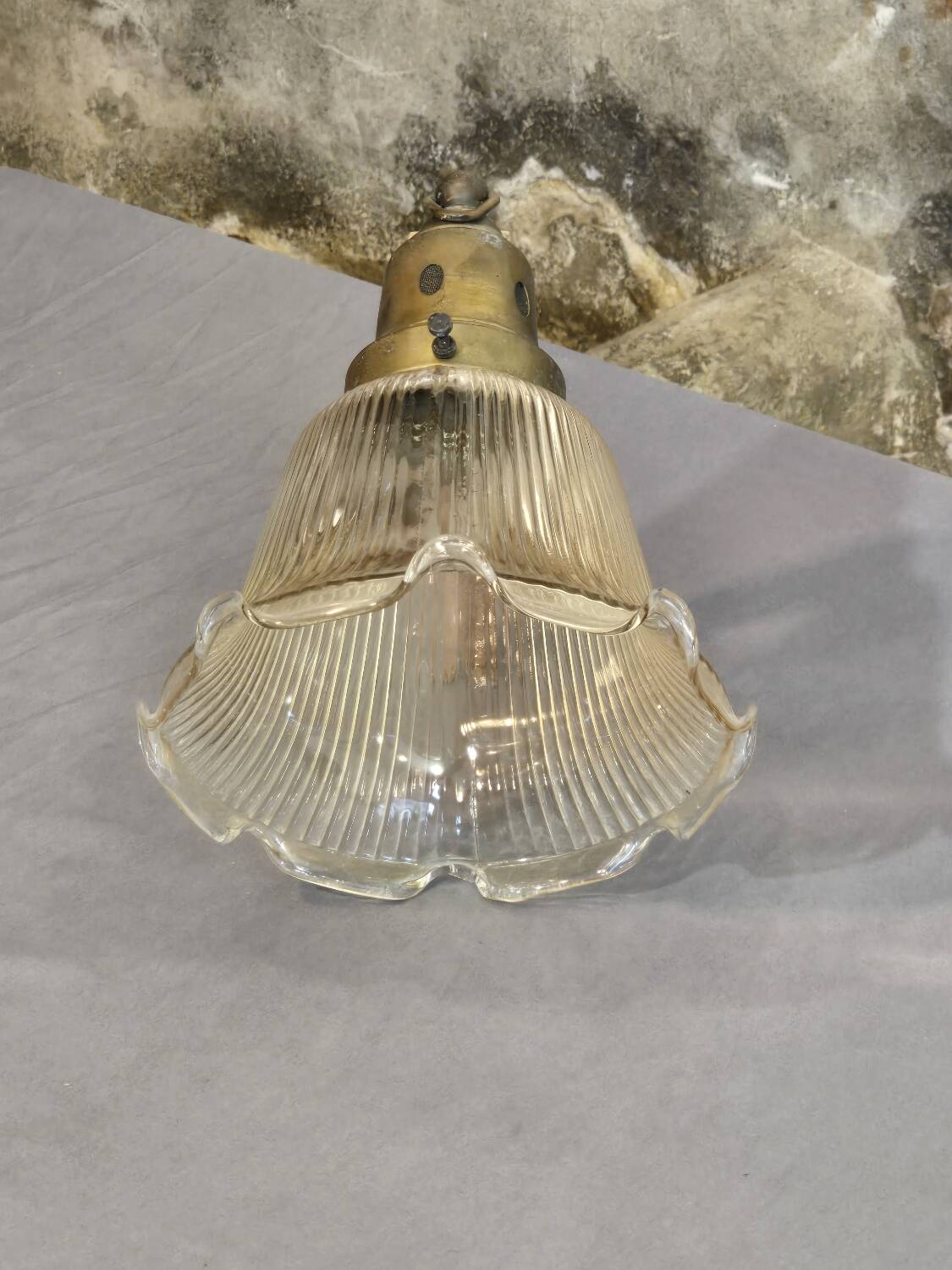 Holophane glass and brass suspension