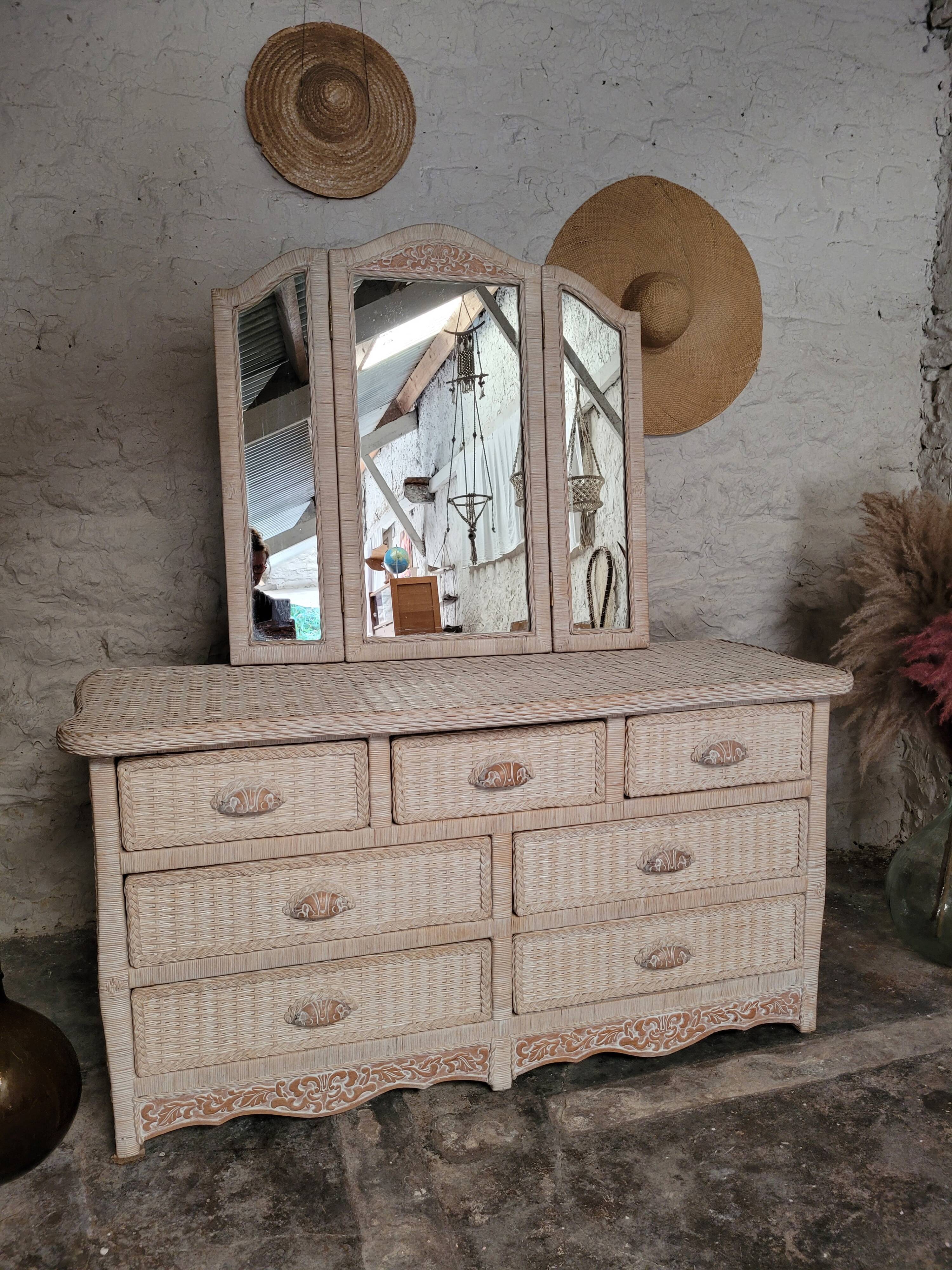 Rattan chest of drawers 80s and its mirror