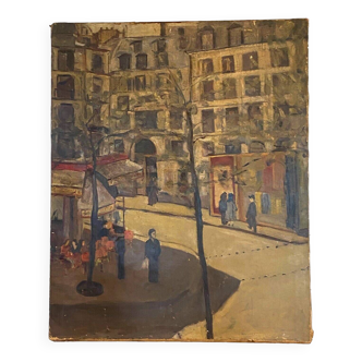 "Animated view of a street in Paris" Oil on canvas 20th century