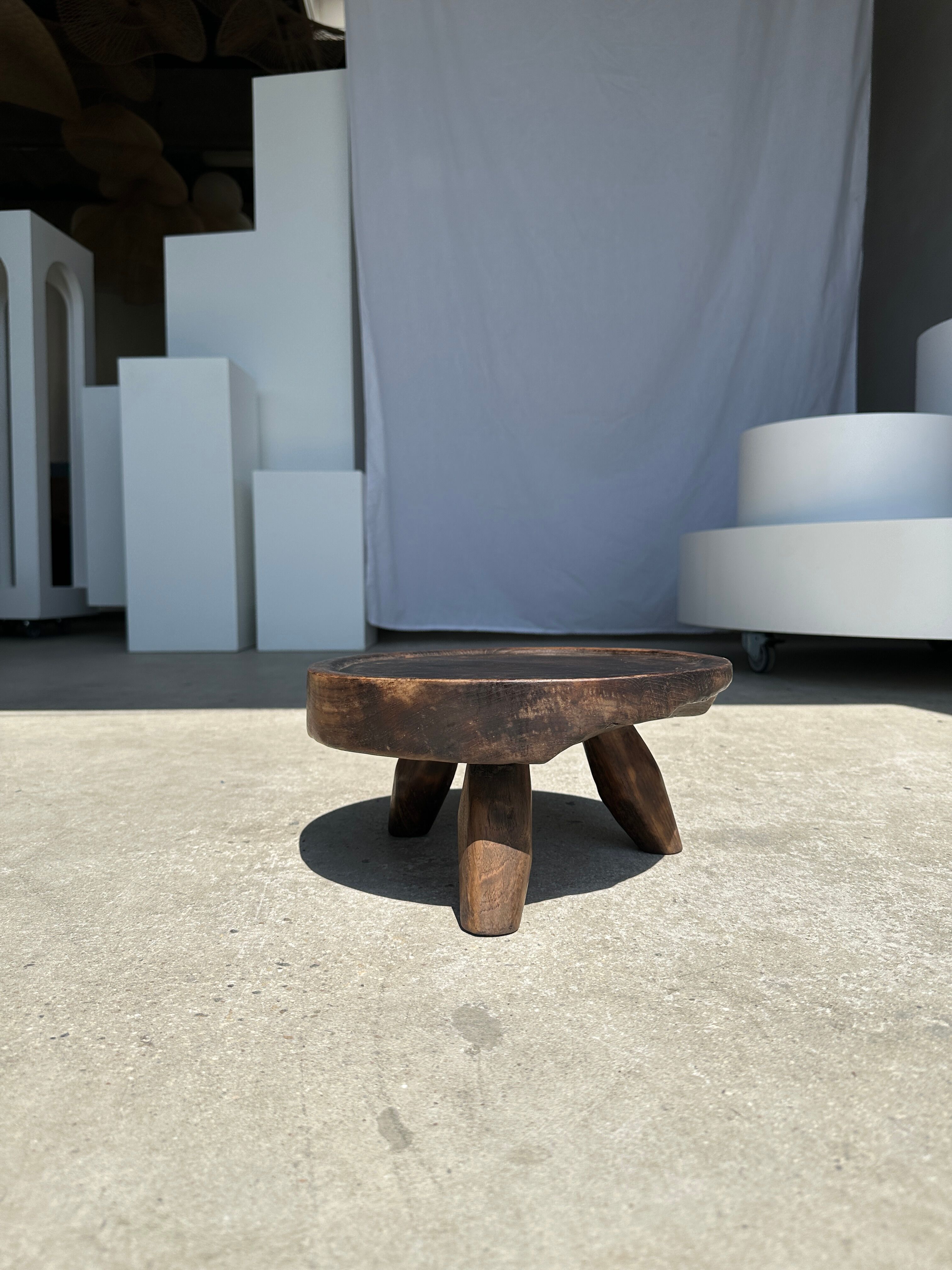 Small tripod stool low in dark brown upcycled teak