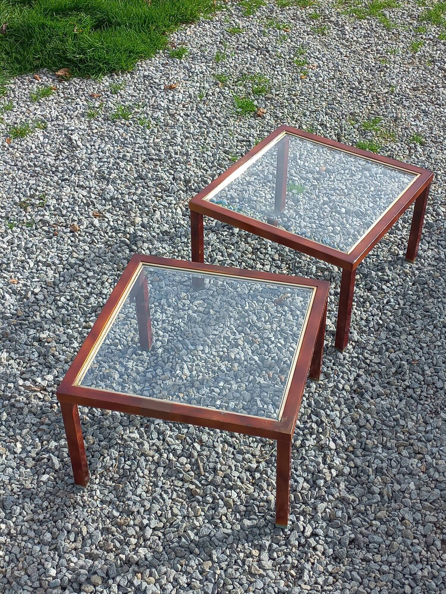 Pair of 1970s side tables in lacquered brass and glass