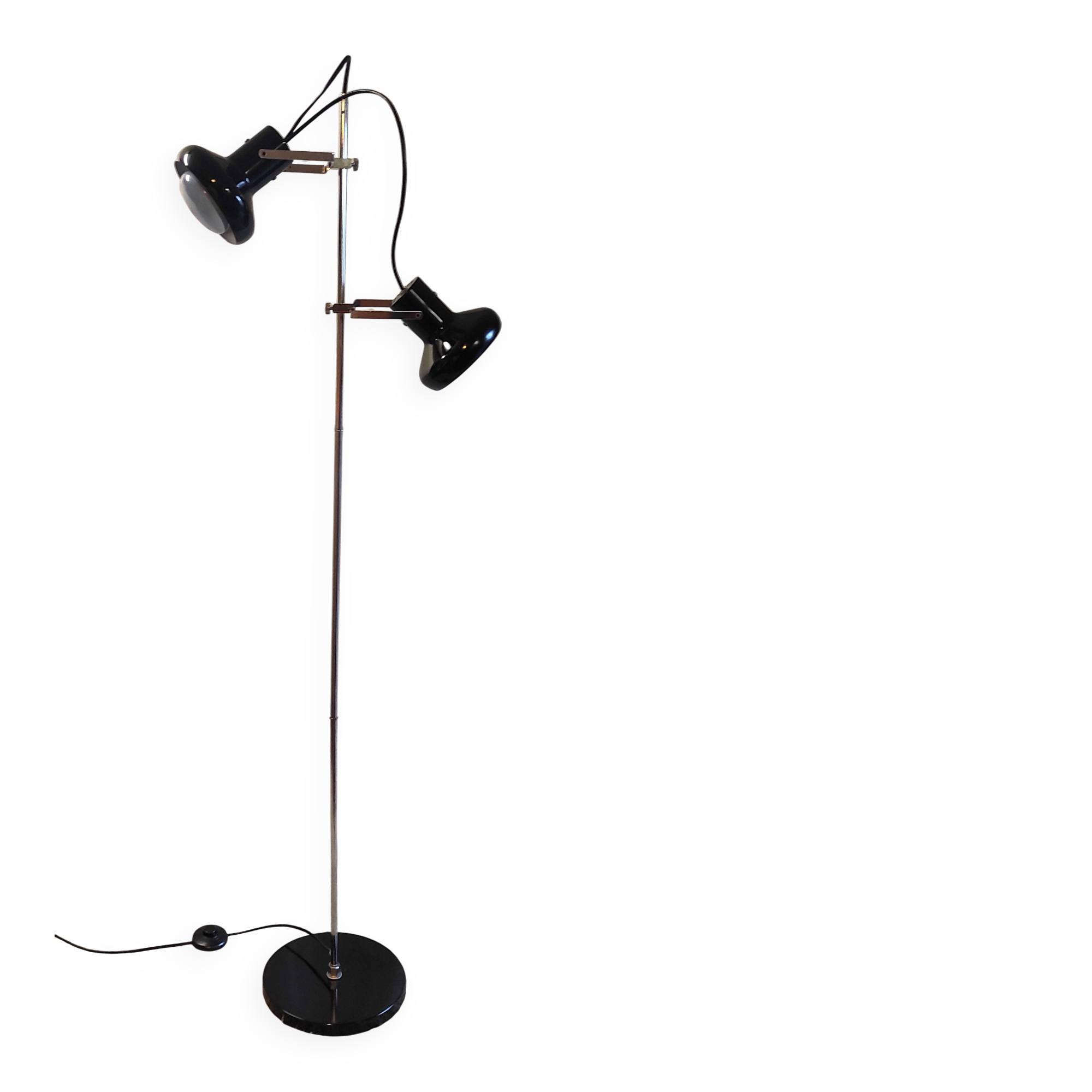 Floor lamp with 2 adjustable spotlights in chrome and black metal - 1960s/70s