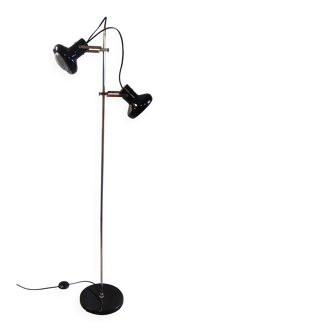 Floor lamp with 2 adjustable spotlights in chrome and black metal - 1960s/70s