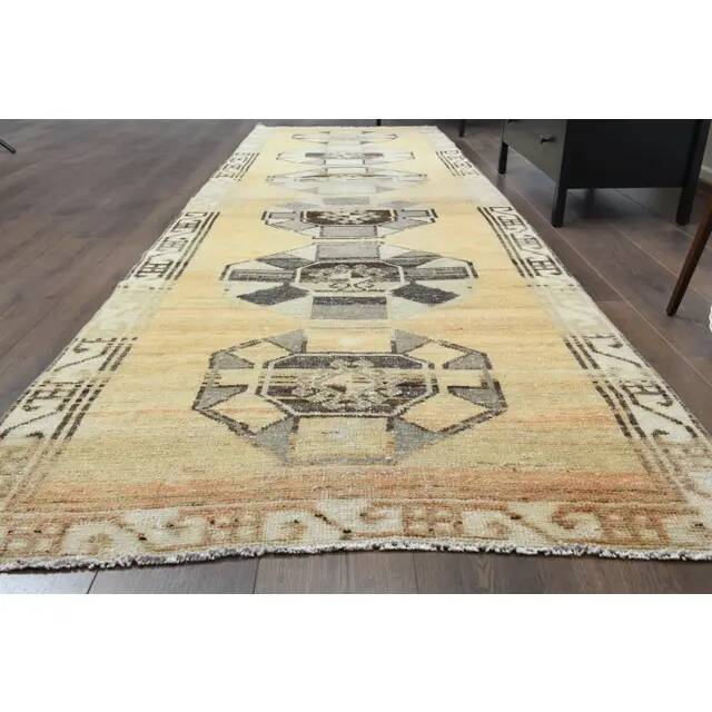 1970s Turkish Oushak Handmade Wool Cotton Orange Runner 112x374