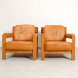 2 fauteuils en chêne et cuir cognac par Skilla