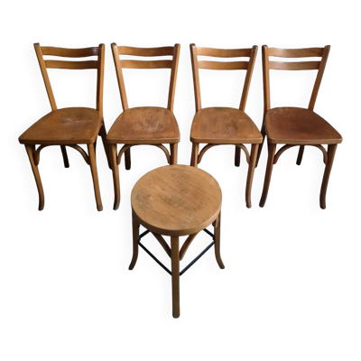 Ensemble de 4 chaises bistrot vintage Baumann et tabouret assorti, France, vers 1950
