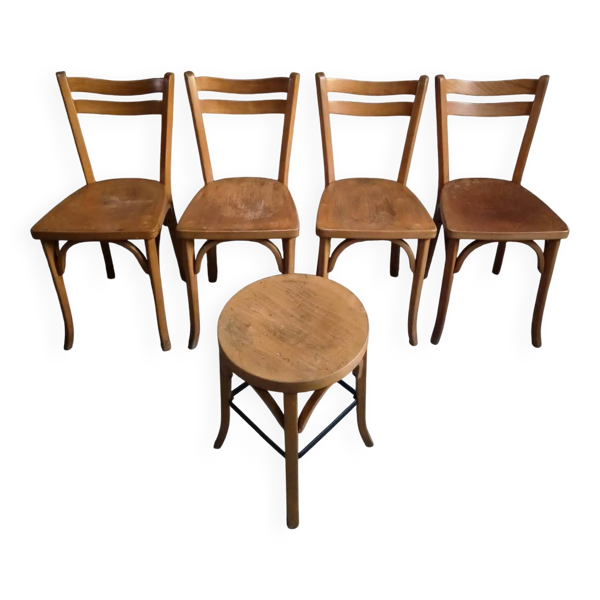 Ensemble de 4 chaises bistrot vintage Baumann et tabouret assorti, France, vers 1950