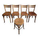 Ensemble de 4 chaises bistrot vintage Baumann et tabouret assorti, France, vers 1950