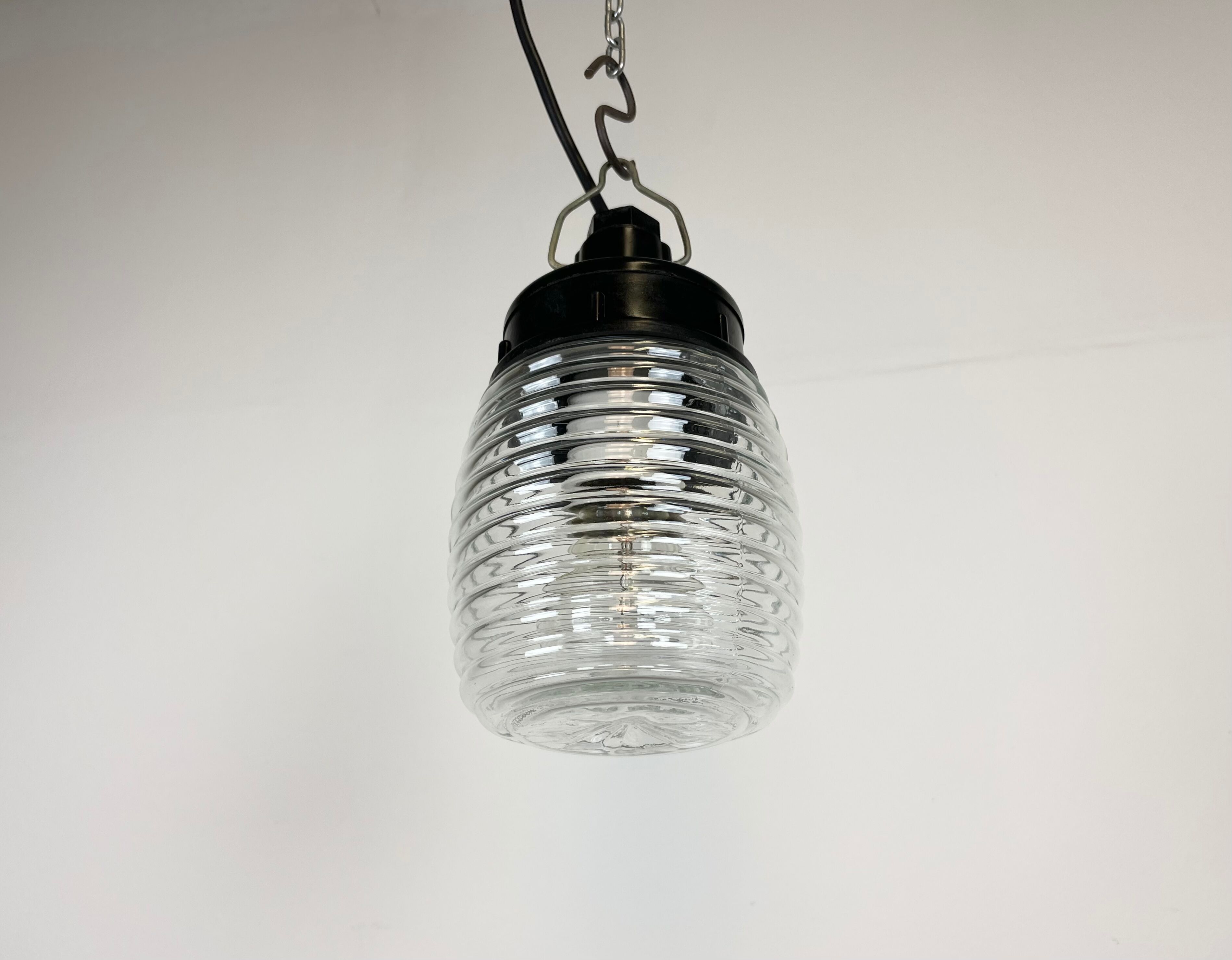 Industrial Bakelite Pendant Light with Ribbed Glass, 1970s
