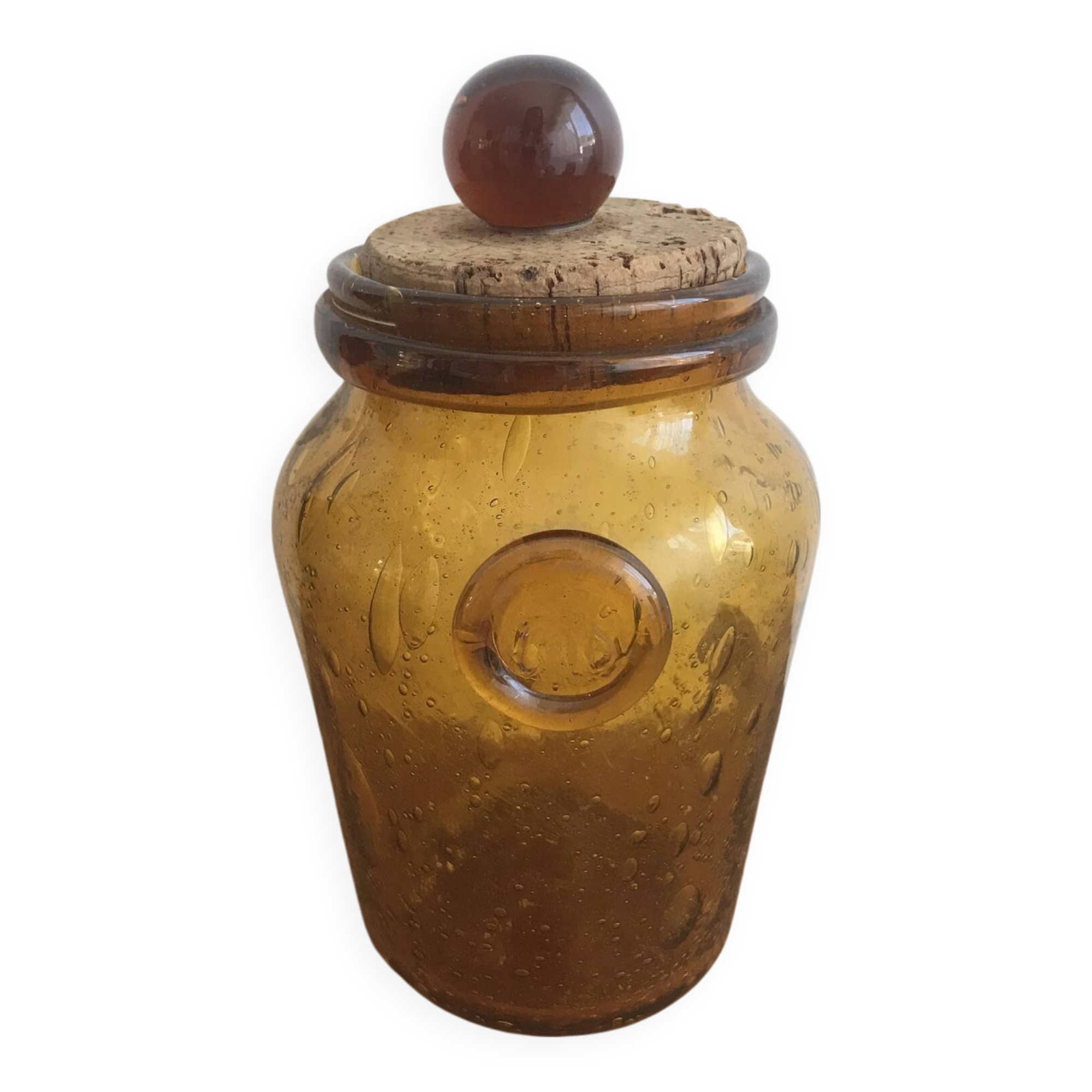 Handmade jar in blown bubbled glass Biot amber